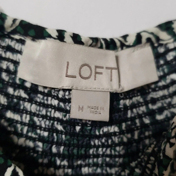 LOFT Floral Print Dress Sz Medium Smocked Green White Ruffle Cap Sleeves Cottage - Picture 12 of 14